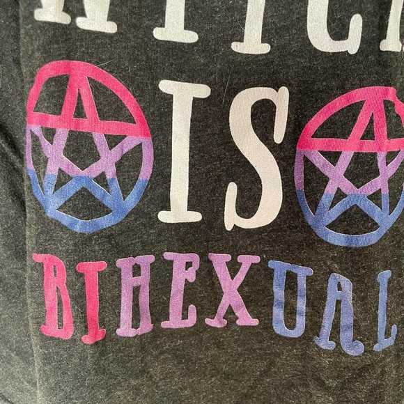 Lookhuman heathered dark gray tank top with bisexual witch slogan and pentacles - Picture 2 of 4